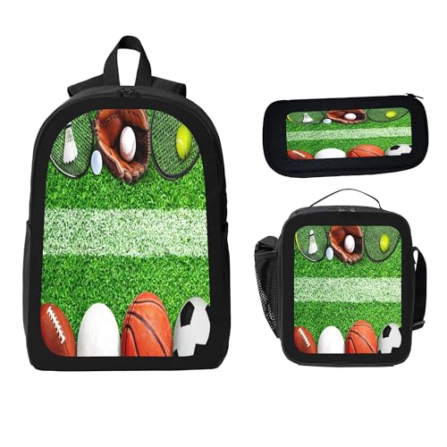 3PCS Backpack for Women Men With Lunch Box Pencil Bag 17 Inch Lightweight Adjustable Strap Back Pack 3 In 1 Set Sports Football Basketball Casual Daypack Unisex Fit Travel Work Camping