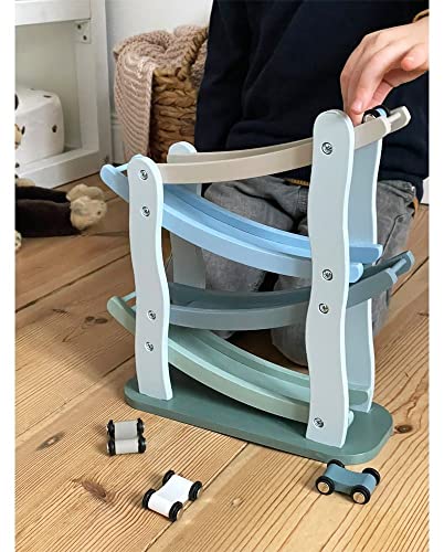 small foot Rennbahn im Kaskadenstil aus Holz, mit Vier Holzautos, für Kinder ab 3 Jahren, 11651, 25 x 10 x 29 cm, Blau