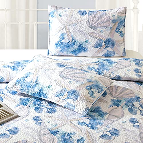 NIUDÉCOR HOME Queen Coastal Quilt Bedding Set Reversible Bedspread Blue Lightweight Beach Seashell Coverlet Soft Smooth Blanket with Pillowshams - Image 5