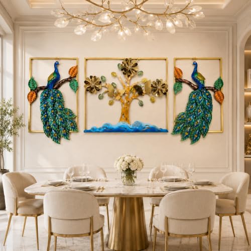 Image of SHREE 'O' GREEN TECH - Big Iron Peacock Wall Hanging with Tree of Life Floral Leaves Vibrant Feather Design Large Framed Artwork for Living Room Bedroom Office Hotel Decor (Set of 3)