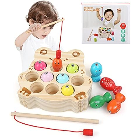 LinStyle Magnetic Fishing Game, 13 Pcs Montessori Wooden Fishing Toys, Educational Toys for 3 4 5 year old Kids, Birthday for Boys and Girls Cover