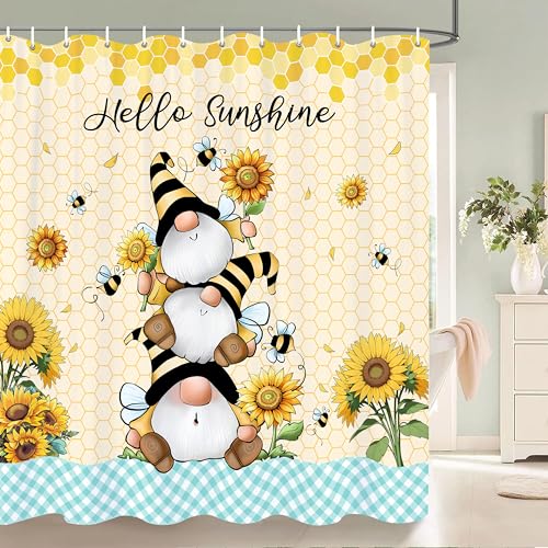Miffrank Hello Sunshine Shower Curtain Cute Summer Gnome Floral Shower Curtain Set for Bathroom Decor Waterproof Machine Washable Shower Curtains with 12 Hooks 72x72 Inch