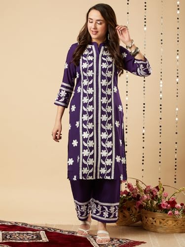 Image of GoSriKi Women's Cotton Blend Straight Chikankari Embroidered Kurta with Palazzo Set