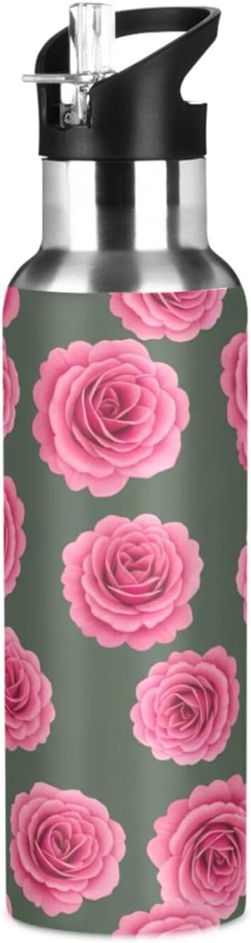 BPA-Free Sport Water Bottle Insulated 32 Oz, Insulated Water Bottle for Gym Outdoor Travel School, Vibrant Pink Roses