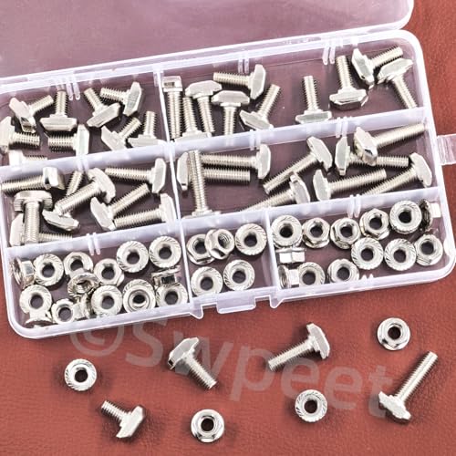 Swpeet 80Pcs 4 Tailles Norme européenne 30 Series M6 x 12/16/20/25mm T Bolt et Nickel à fente M6 Kit d'assortiment d'écrous à brides, Fente de filetage T, Bolt en T, Boule de tête de marteau, Stud de vis T