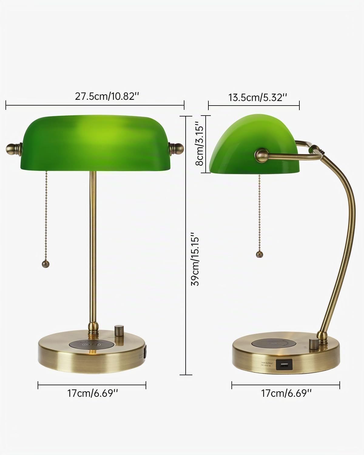 Lámpara de escritorio de banqueros de verde regulable continua | cargador inalámbrico, puerto de carga USB para oficina en casa, bombilla LED incluida