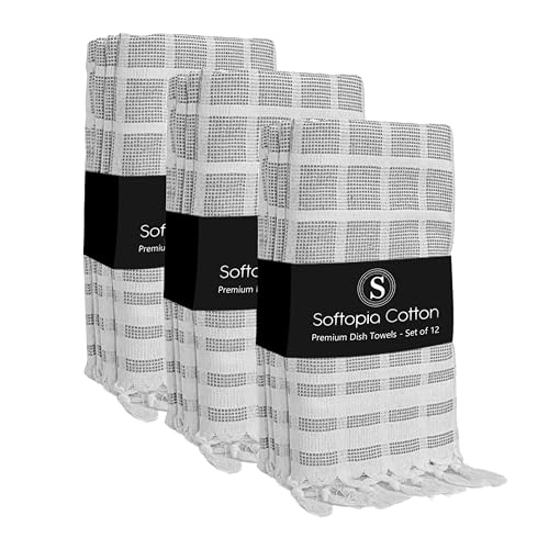 Image of Matrix Dobby Kitchen Dish Towels Set of 12, 100% Cotton, 16x26 Inches, Reusable Dishcloths with Handmade Knotted Tassels, Absorbent, Washable Towels for Cleaning - Dark Gray, White