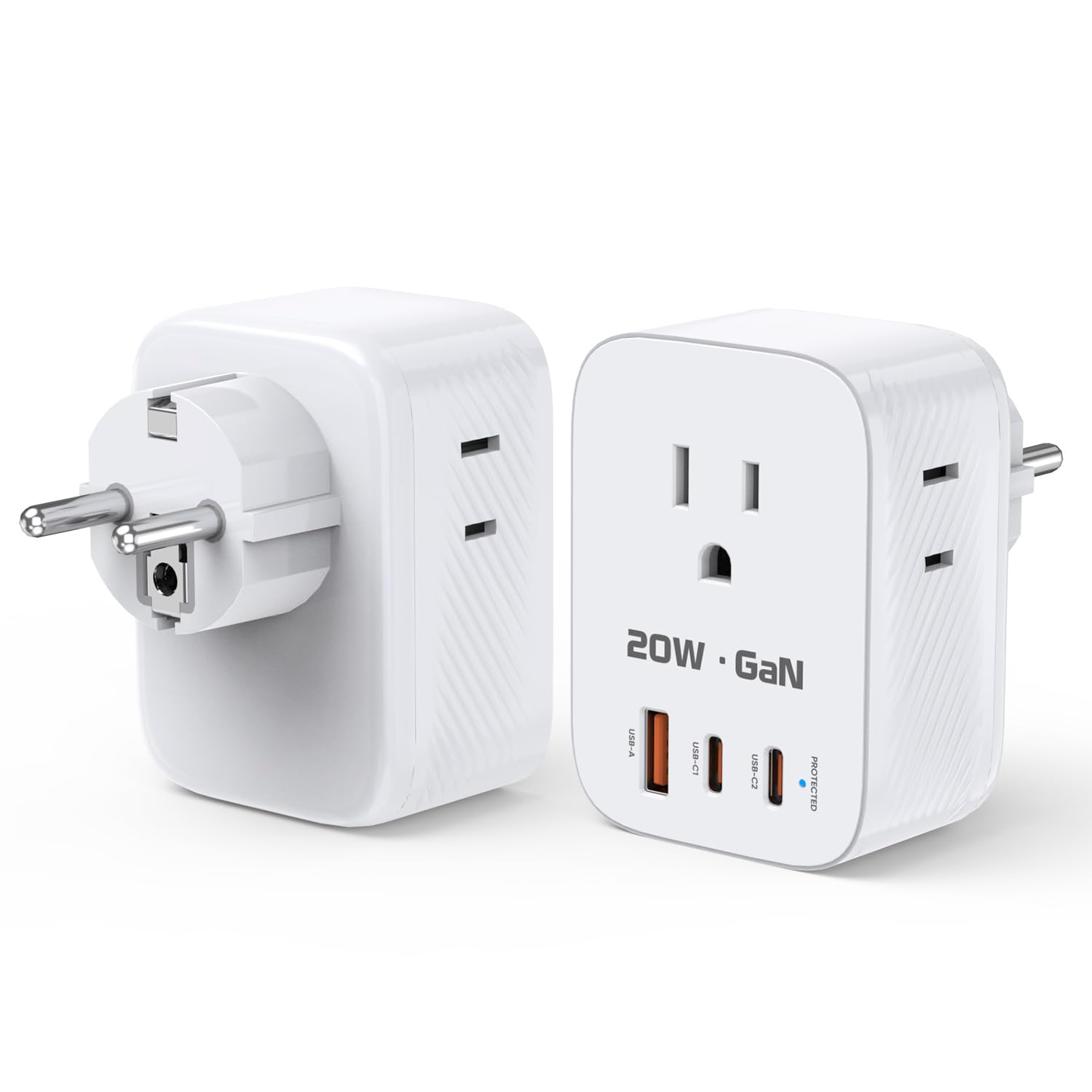 2Pack Germany France Power Adapter, 20W Type E/F Plug Adapter with 2 USB C/1 USB Ports and 3 AC Outlets, 6 in 1 International Travel Adapter for US to Europe Plug EU Spain France Iceland Greece Russia