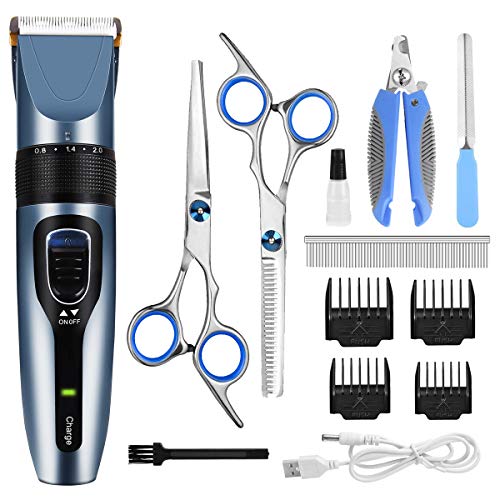 Dog Clippers, Professional Pet Grooming Kit Rechargeable Cordless Dog Shaver Pet Electric Clippers Low Noise Dog Hair Trimmer with 4 Comb Guides Scissors Nail Kits for Dogs Cats and Other Hairy Pets