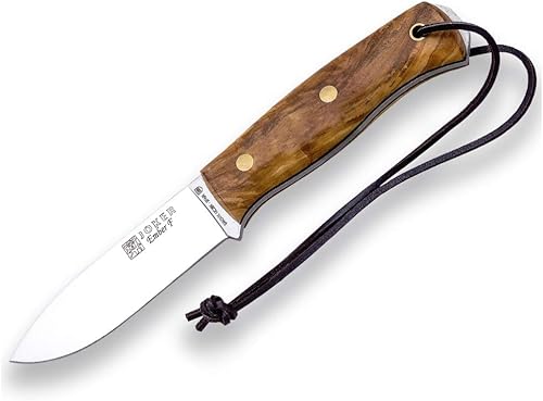 Joker Cuchillo de caza Ember F CO123-P, funda de cuero marrón con iniciador de fuego, hoja de 4.13 pulgadas de acero SANDVIK 14C28N, mango de madera