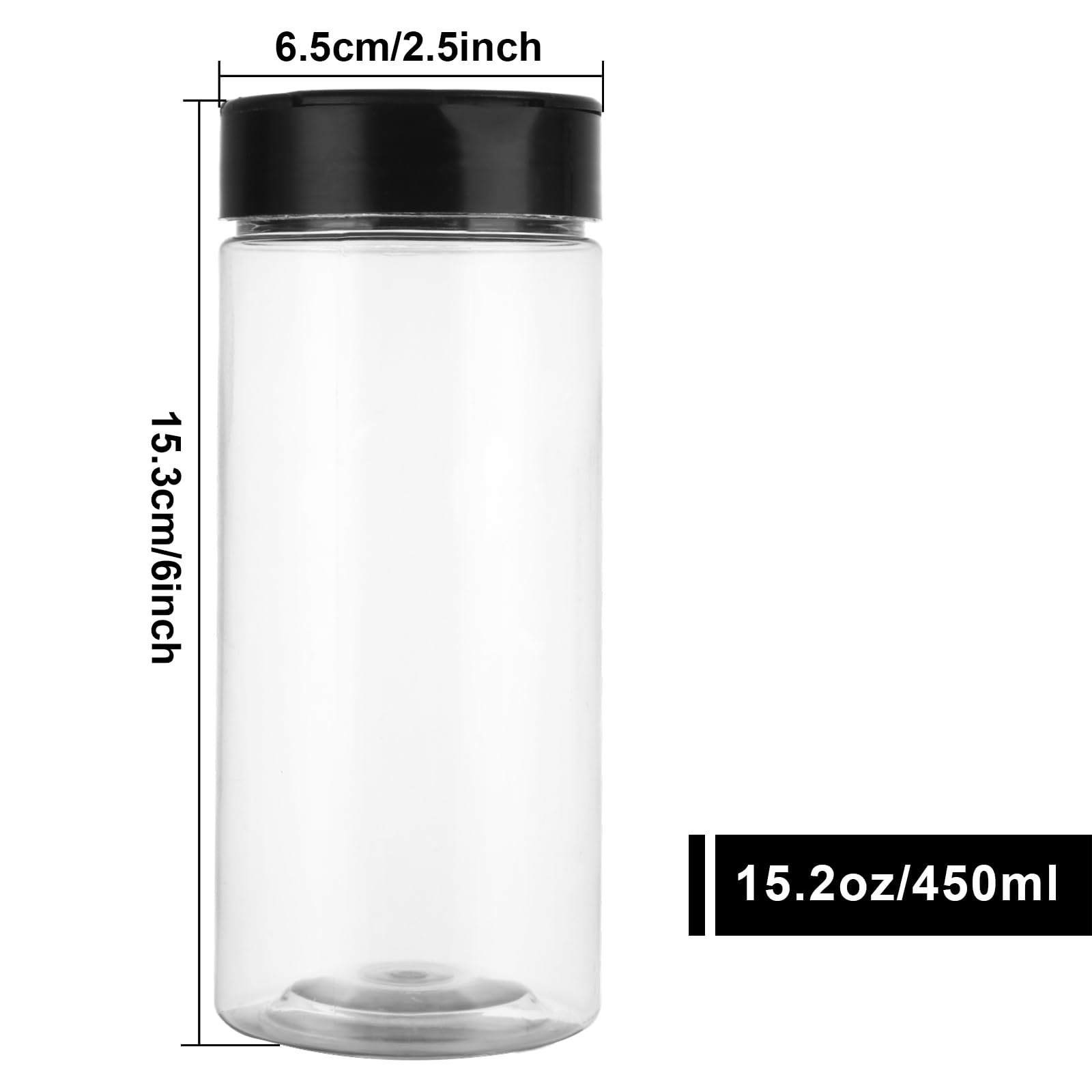 Confezione da 12 barattoli per spezie in plastica trasparente da 453,6 g, contenitori per spezie con tappo nero, contenitori per condimenti con coperchio per conservare spezie, condimenti in