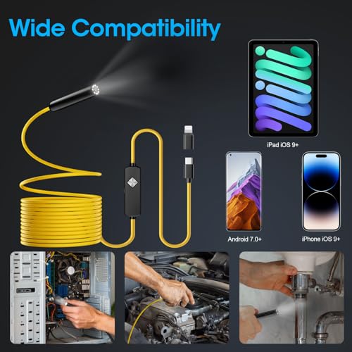 Image of Endoscope with Light, 1920P HD Borescope with 8 Adjustable LED Lights, Semi-Rigid Snake Camera, IP67 Waterproof Inspection Tool for iPhone & Android - 32.8FT-Single Lens (Yellow)