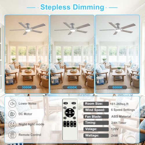 Image of Depuley Modern Ceiling Fan with Light: 52-Inch Nickel Flush Mount Fandelier | Bedroom Indoor Outdoor Use, 5 Reversible Wood Blades, 6 Fan Speeds, Timing Function, Dimmable 3CCT, Remote Control Included