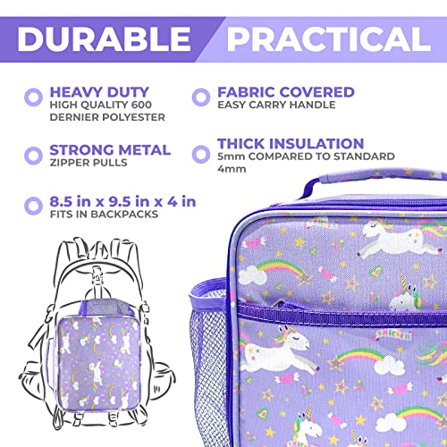 Image of Bento Box with Insulated Lunch Bag, Ice Pack & Water Bottle Set for Kids - 5 Compartments, Lunches or Snack Container Girls, Toddlers Daycare Pre-School, Kindergarten Purple Unicorn