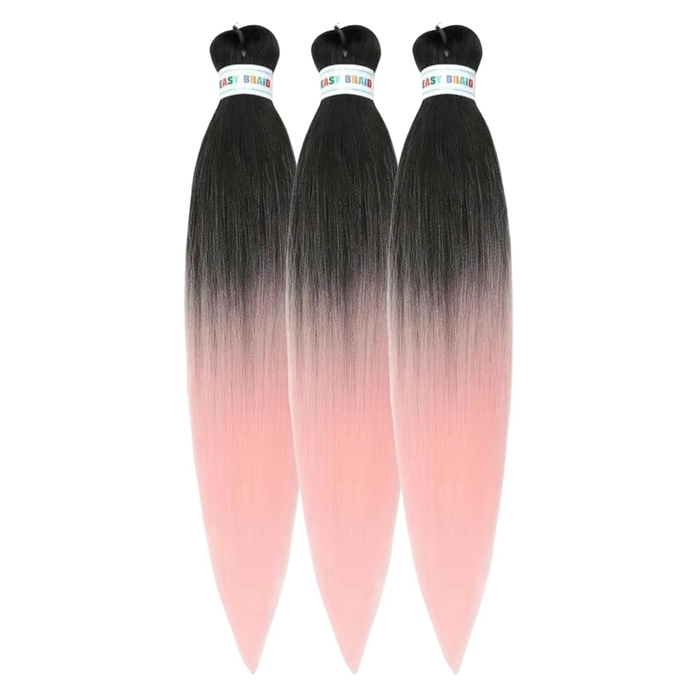 Gozill Pink Ombre Braiding Hair Pre Stretched Kanekalon Box Braiding Hair Extension 26 Inch Black Peach Pink (Pack of 3)