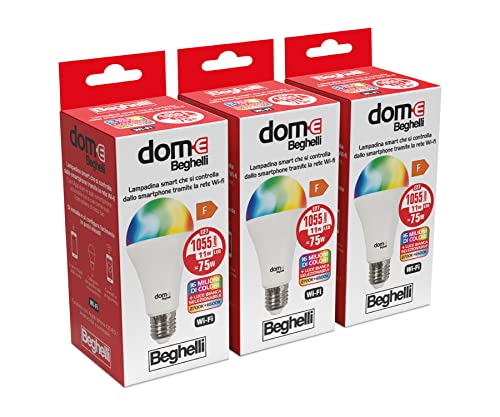 Beghelli - DOME-E Lampadina Wifi Led E27, Lampadina Led a Goccia 11W, 1055lm, Multicolor, 3 Blister