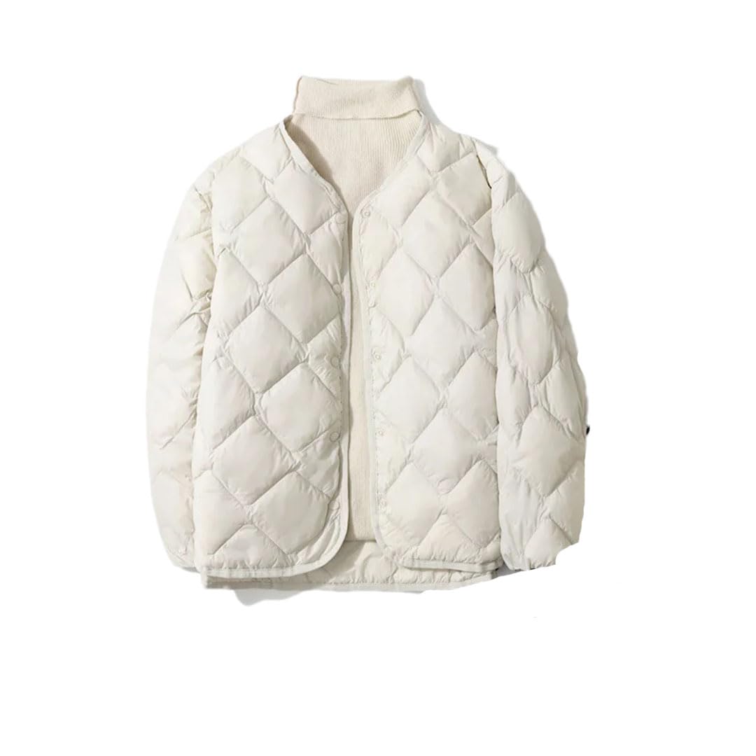 Hgvcfcv Abrigos de plumas blancas para mujer, chaquetas de plumas acolchadas ligeras, a prueba de viento, sin cuello, ropa de abrigo de invierno