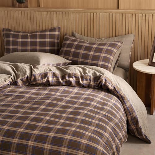 Image of EAVD Vintage Style Brown&Blue Buffalo Plaid Duvet Cover Set Queen Soft 100% Cotton Muslin Blue Brown Grid Gingham Bedding Set with 2 Pillowcases Farmhouse Gingham Duvet Cover with Zipper Closure