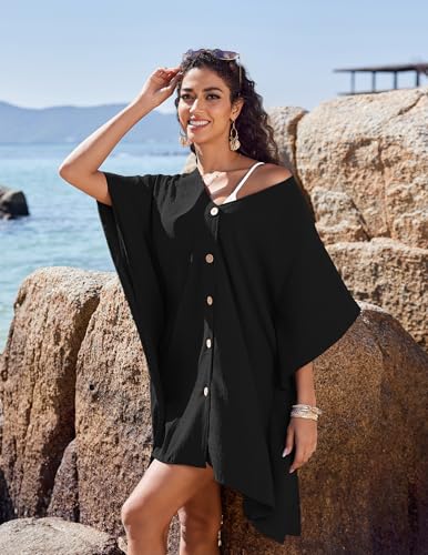 AI'MAGE Womens Swimsuit Cover Up Button Down Bathing Suit Coverups 3/4 Sleeve Beachwear Oversized Bikini Shirt Dresses S-XXL3