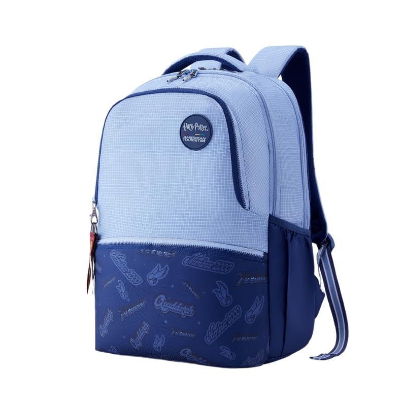 Harry Potter x American Tourister Quidditch Backpack | 33L Bag | AT Playunique Interchangeable Puller House Collection & Stickers | School Bag for Girls & Boys | Blue Denim | 1 Yr Global Warranty