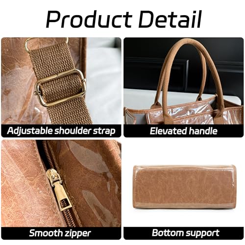 Image of GISMTR PVC Tote Bag for Women Large Letters Print Hobo Handbags Kraft Paper Shoulder Bag with Strap for Work Travel