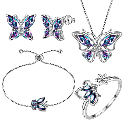 Aurora Tears Butterfly Jewelry Set,925 Sterling Silver Butterflies Birthstone Pendant Necklace/Earrings/Rings/Bracelets for Wedding Gift