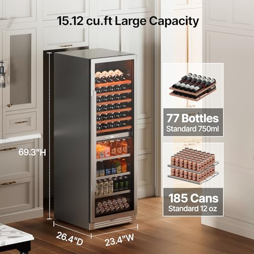 Image of Ca'Lefort Wine Fridge Dual Zone, 185 Can and 77 Bottle 24 Inch Wine Cooler Refrigerator, 34-65F Fridge with Glass Door, 3 LED Built-in /Freestanding Fridge for Bar /Kitchen /Resterant (Right-Hinged)