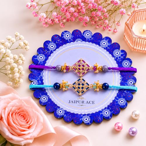 Image of Jaipur Ace Rakhi Gift Hamper for Bhaiya Bhabhi with Silver Plated Bowl Set, Pooja Thali, 2 Designer Rakhis, Roli Chawal, Raksha Bandhan Gift Set for Brother Bhabhi, Premium Rakhi Combo with Red Velvet Box