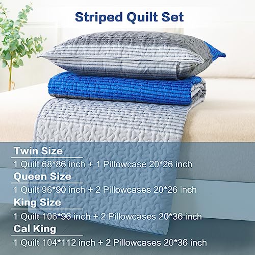 Image of Andency Stripe Quilt Set Queen(96x90Inch), 3 Pieces (1 Striped Quilt and 2 Pillowcases) Blue and Grey Patchwork Bedspread Coverlet Set, Soft Quilted Bedding Set