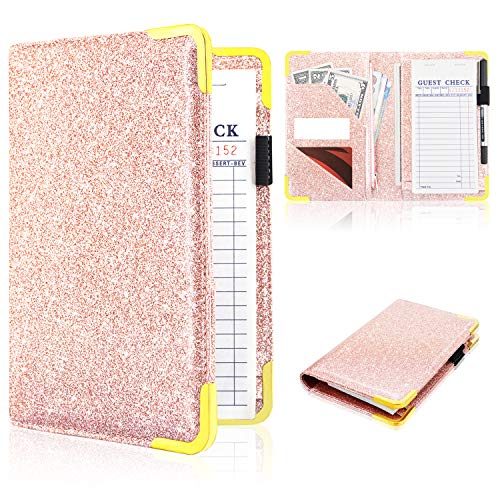 ACdream Server Book with Zipper Pocket 2019 Edition Waiter Book Server Pads Waitress Book Restaurant Waitstaff Organizer Guest Check Book Holder Money Pocket Fit Server Apron Glitter Rose Gold