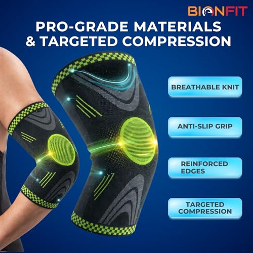 Image of BIONFIT Elbow Support Sleeve Pair for Men & Women | Compression Elbow Brace for Gym, Weightlifting, Tennis & Pain Relief | Breathable Anti-Slip Elbow Support
