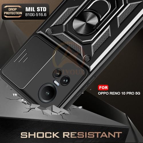 Image of Armor Bumper Back Cover Case for Oppo Reno 10 /10 Pro 5G Rotating Camera Cover, Ring Holder & Kickstand | Heavy Duty & 360 Degree Protection Oppo Reno 10 /10 Pro 5G Back Cover (Black)