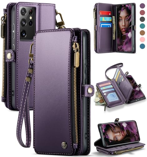 Defencase Compatible with Samsung Galaxy S21 Ultra Case Wallet with RFID Blocking Card Holder for Women Men PU Leather Magnetic Snap Flip Zipper Strap Wallet Case Fit for Galaxy S21 Ultra 5G Purple