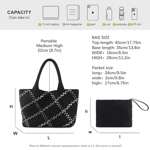 Image of Woven Bag for Women, Large Neoprene Tote Bag Summer Beach Handbag Purse Retro Handmade Travel Shoulder Bag Set