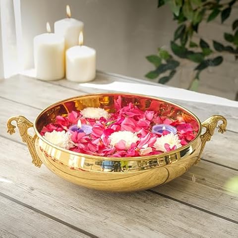 BEHOMA Ethnic Carved Peacock Design 9.5 Inches Brass Urli Decor Bowl, Golden, Decorative Urli Bowl for Home Décor & Center Table Flower Decoration, Urli for Festival & Pooja, 1 pc Cover