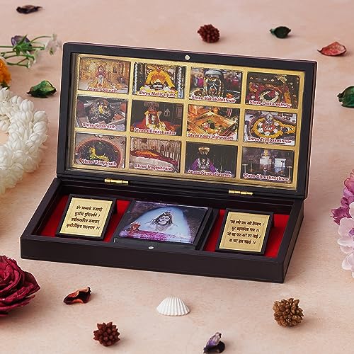 Image of 24K Gold Plated Religious Frame Photo Frame with Charan Paduka Return Gifts for Home Puja Office (12 Jyotirling)