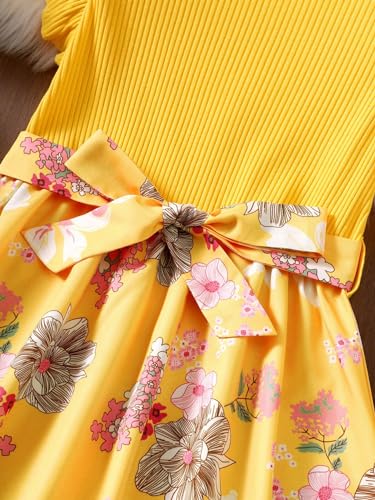 Floerns Girl's Floral Print Ruffle Trim Cap Sleeve Ribbed Belt Summer A Line Dress3