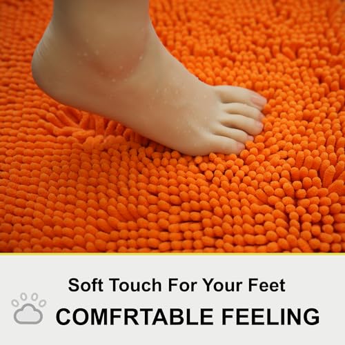 Image of BOANKODU Bath Mat Sets 2 Piece, Soft Chenille Absorbent Non-Slip Mat, 32x20 U Shape + 20x20 Inch; Machine Washable (Orange)