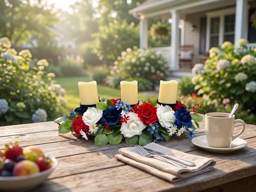 Image of Svndlyn 4th of July Decorations,Patriotic Floral Arrangement Centerpiece for Table,Centerpiece with 3 Candle Holder,Red White and Blue Fake Rose Flowers for Independence Day Home Decor,Memorial Day