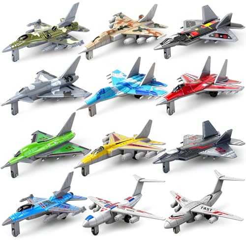 Toy Airplanes 12 Pack,Plastic Diecast Airplane Toys for Boys Toddlers Age 1 2 3 4 5 6,Military Planes Model Toys for Kids Toddlers Party Favors Birthday Goodie Bags Stuffers