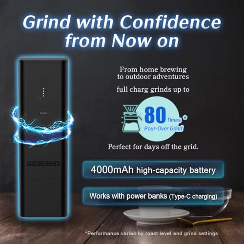 Image of FEMOBOOK-A2 Black Portable Electric Coffee Grinder, Cordless Burr Grinder | USB Rechargeable Coffee Grinder Magnetic Grounds Cup Travel & Home Brewing