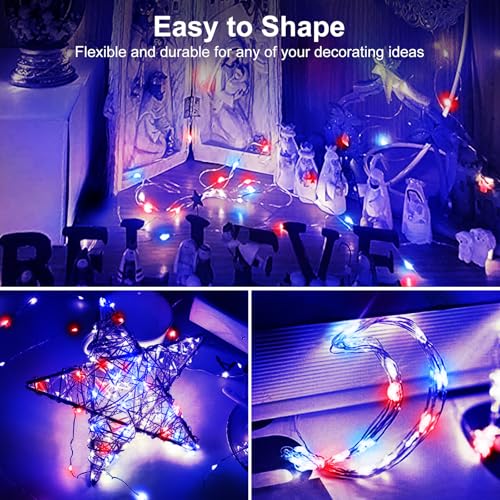 Image of btfarm 4th of July Patriotic Fairy Lights Battery Operated, 12 Pack Red White Blue 3 Modes Twinkle String Lights, 7ft 20 Led Independence Day Mini for Mason Jars Vases Table Centerpiece Decoration