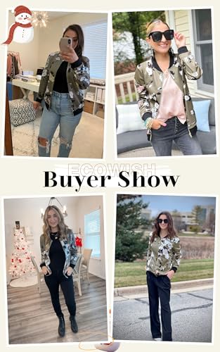 ECOWISH Women's Casual Floral Zip Up Bomber Jacket Coat Lightweight Short Camo No Lining Outwear Tops Windbreaker with Pocket2
