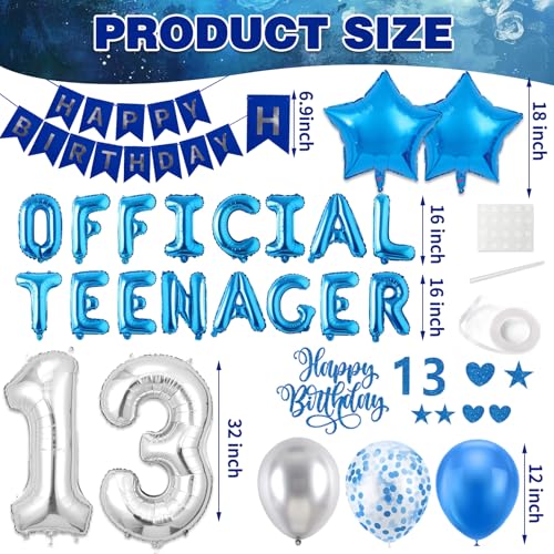 Image of 13th Birthday Decorations for Boys, Blue Sliver Happy Birthday Banner, OFFICIAL TEENAGER Numbers 13 Foil Balloon and Cake Topper for 13 Birthday Boy Decorations