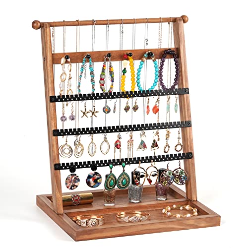 Présentoir à bijoux - Porte-bijoux incliné - Grand rangement de bijoux en bois avec pour chaînes, bagues, collier, bracelet, montre, arbre à bijoux, porte-chaînes et accessoires