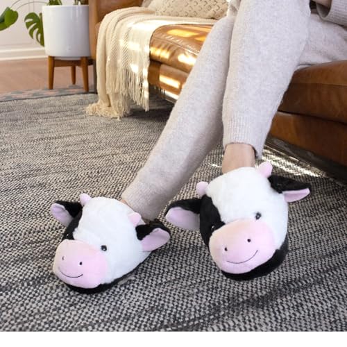 Fuzzy Cow Slippers for Women and Men - Cozy Plush Holstein Cattle Slippers for Adults2