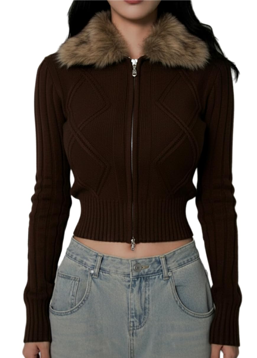 Cardigan for Women Knit Double-End Cardigan with Faux Fur Collar Cropped Jackets Fall Casual Outfits