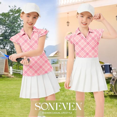 Image of Soneven Girls Ruffle Sleeve Polo Shirts V-Neck Golf Tennis T-Shirts Uniform Shirts Quick Dry for 4-14 Years