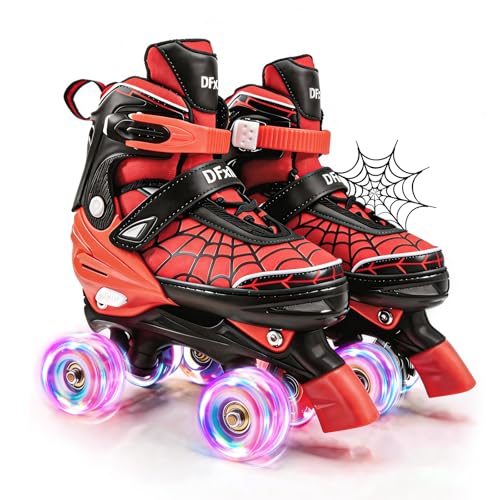 DFXLF Kids Roller Skates for Boys Ages 3-5 5-8 6-12 Red Quad Rollerskates Size Adjustable with Light Up Wheels for Beginner Childrens Birthday Gift Indoor Outdoor Sports