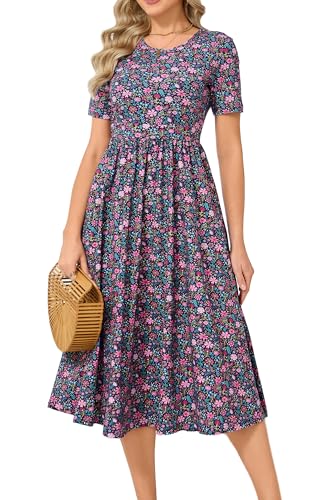 Image of QINYI Women's Cotton Nursing Dresses Breastfeeding Midi Breastfeeding Dress with Pockets